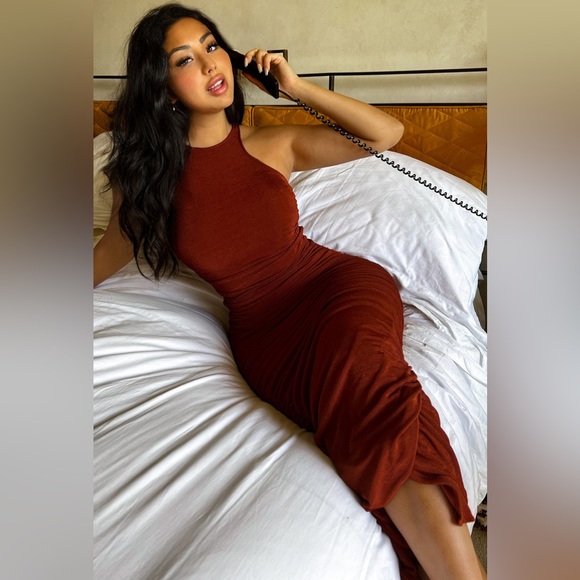Fashion Nova Dresses & Skirts - Rust Orange Slinky Ruched MIDI Dress With Slit and Halter Neckline